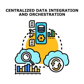 Centralized data integration orchestration connecting cloud analyzing process Stock Illustration