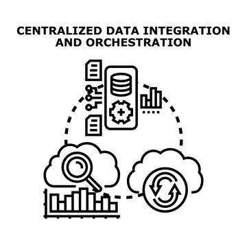 Centralized data integration orchestration connecting cloud analyzing process 库存插图