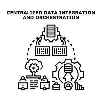 Centralized data integration orchestration connecting databases Stock Illustration