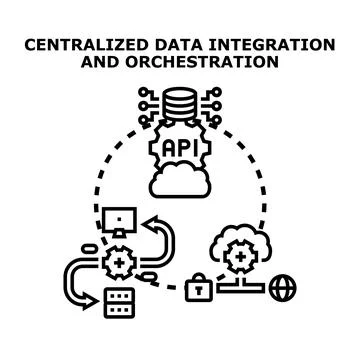 Centralized data integration technology orchestrating workflows, managing api Stock Illustration