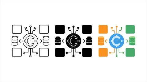 Centralized data processing and cloud computing network icon set Stockillustratie