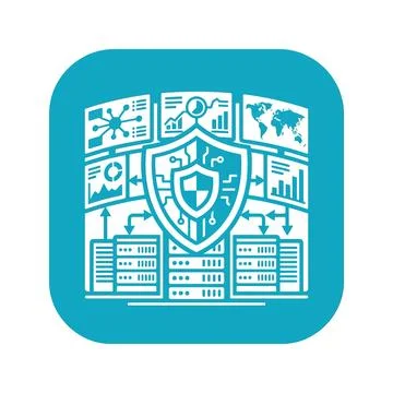 Centralized data processing with security shield, servers, and multiple dat.. Stock Illustration