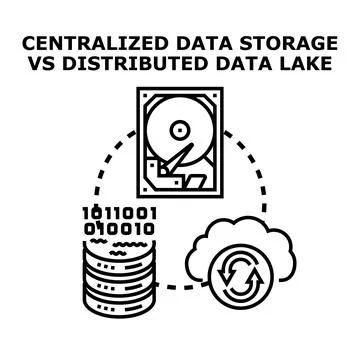 Centralized data storage versus distributed data lake concept Stock Illustration