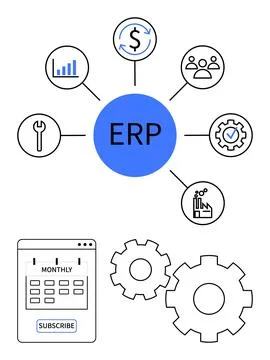Centralized ERP System with Elements of Finance, Analytics, Human Resources, and Stock Illustration