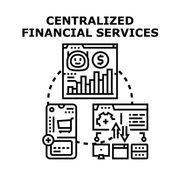 Centralized financial services system connecting user, data, and transactions Stock Illustration