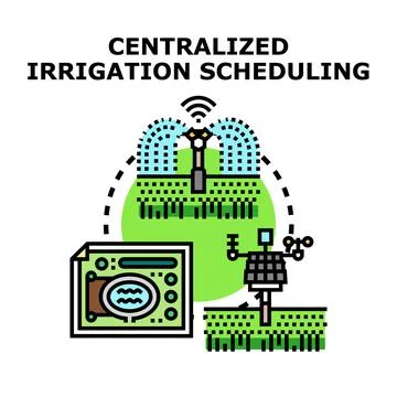 Centralized irrigation scheduling system managing automated smart farm wateri Stock Illustration