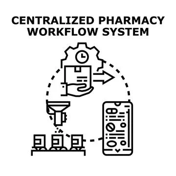 Centralized pharmacy workflow system managing drug logistics Stock Illustration