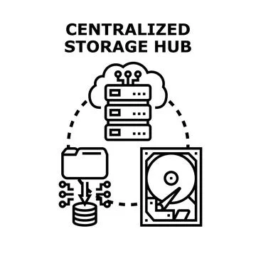 Centralized storage hub connecting cloud computing database Stockillustratie