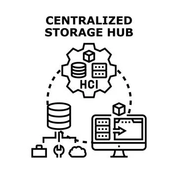Centralized storage hub managing data infrastructure technology Stock Illustration