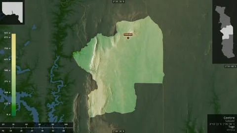 Centre, Togo. Colored shader data with lakes and rivers Stockillustratie