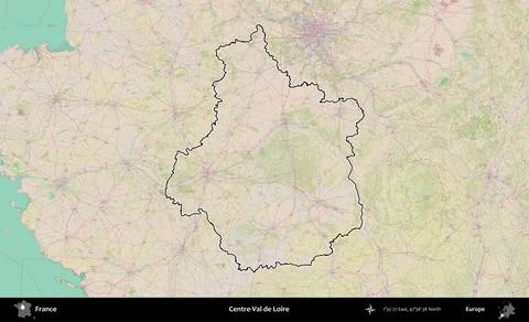 Centre-Val de Loire outlined, France. OpenStreetMap Standard 스톡 일러스트
