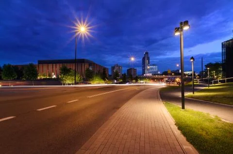 Centrum of Katowice in the evening time. Stock Photos