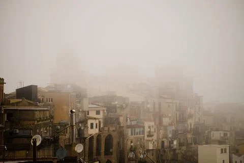 Centuripe partially obscured by dense, thick fog Stock Photos
