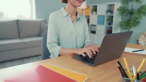 Ceo hr lady sit table use device chat web partners in modern workstation Stock Footage 168347833