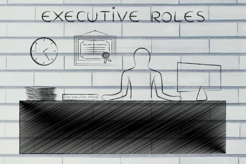Ceo sitting at desk working, caption Executive Roles Illustrazione stock