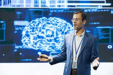 CEO speaking in headset mic next to artificial intelligence visualization Stock Photos