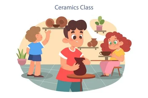 Ceramic and pottery art class. Kids sculpting and creating pottery on potters Stock Illustration