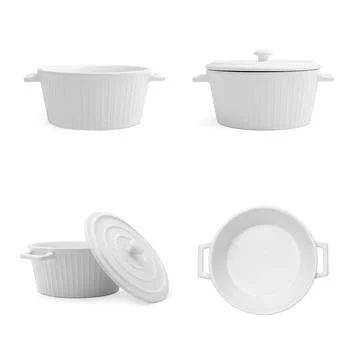 Ceramic baking dish on white background, collage. Views from different sides Photos