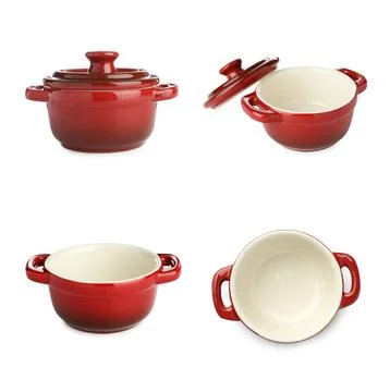 Ceramic baking dish on white background, collage. Views from different sides Photos
