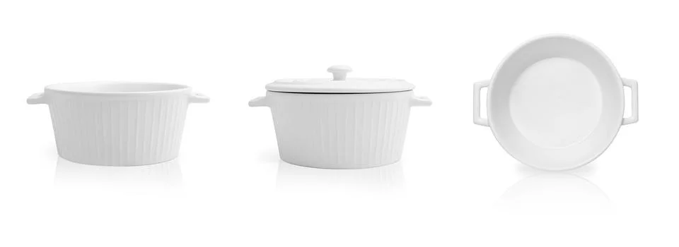 Ceramic baking dish on white background, collage. Views from different sides Photos