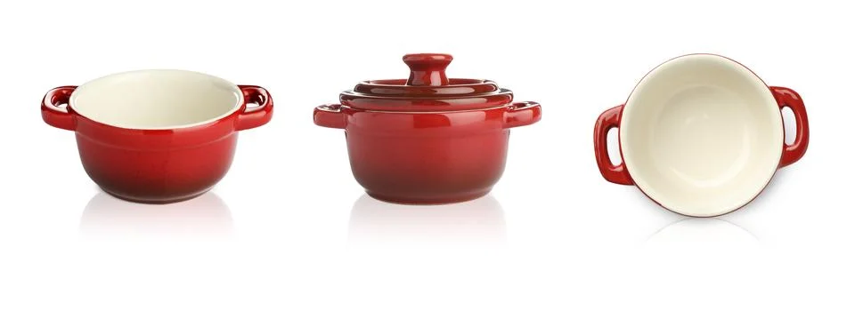 Ceramic baking dish on white background, collage. Views from different sides Photos
