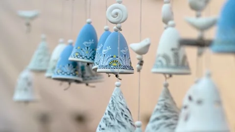 Ceramic bells and other decorations sold on Easter market. Vilnius. Lithuania. Video stock 279862702