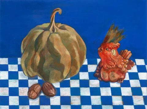 Ceramic bird and pumpkin still life oil painting, poster illustration, classic Stock Illustration