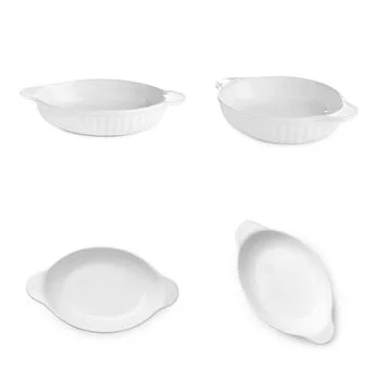 Ceramic casserole on white background, collage. Top and side views Photos