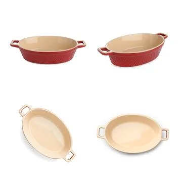 Ceramic casserole on white background, collage. Top and side views Photos