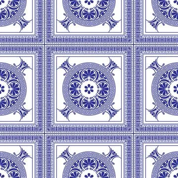 Ceramic cerulean tile with arabesques seamless pattern. Traditional Greek key  스톡 일러스트