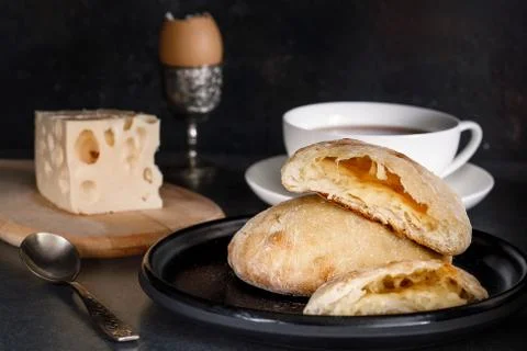 Ceramic cheese cake for breakfast with tea Stock Photos