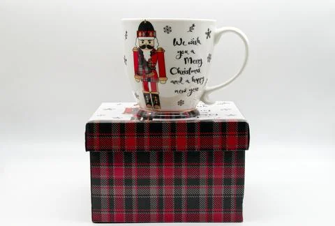 Ceramic christmas mug with nutcracker design. Stock Photos