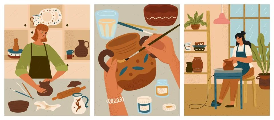 Ceramic classes vector people making clay pots Stock Illustration