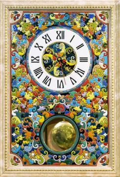 Ceramic clock with bright patterns in a wooden frame. Foto stock