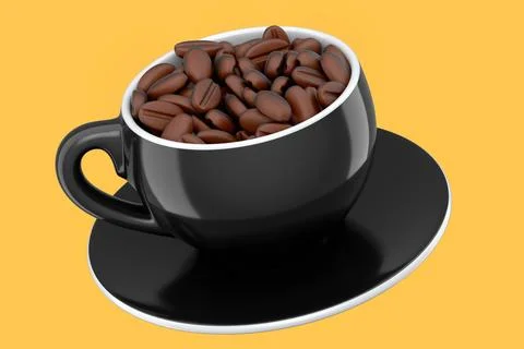 Ceramic coffee cup with coffee beans for americano, espresso, latte on yellow Illustrazione stock
