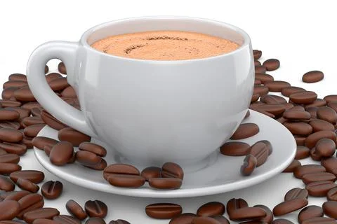 Ceramic coffee cup with coffee beans for americano, espresso, latte on white Illustrazione stock