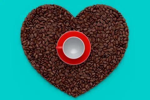 Ceramic coffee cup with coffee beans for americano, espresso, latte on green Illustrazione stock