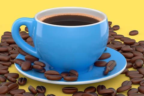 Ceramic coffee cup with coffee beans for americano, espresso, latte on yellow Illustrazione stock