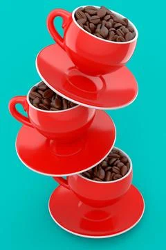 Ceramic coffee cup with coffee beans for americano, espresso, latte on green Illustrazione stock