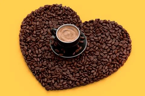 Ceramic coffee cup with coffee beans for americano, espresso, latte on yellow Illustrazione stock