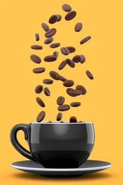 Ceramic coffee cup with coffee beans for americano, espresso, latte on yellow Illustrazione stock