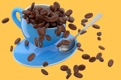 Ceramic coffee cup with coffee beans for americano, espresso, latte on yellow Illustrazione stock