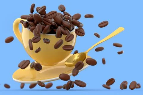 Ceramic coffee cup with coffee beans for americano, espresso, latte on blue Illustrazione stock