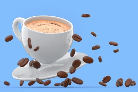 Ceramic coffee cup with coffee beans for americano, espresso, latte on blue Illustrazione stock