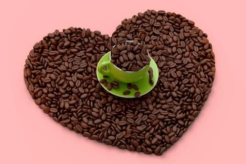 Ceramic coffee cup with coffee beans for americano, espresso, latte on pink Illustrazione stock