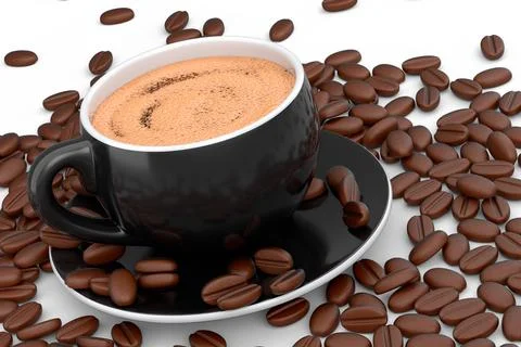 Ceramic coffee cup with coffee beans for americano, espresso, latte on white Illustrazione stock