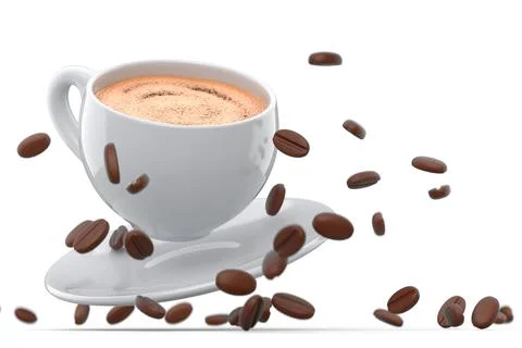 Ceramic coffee cup with coffee beans for americano, espresso, latte on white Illustrazione stock