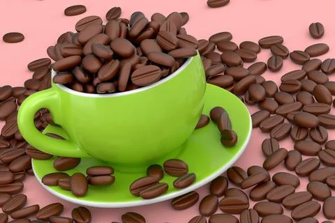 Ceramic coffee cup with coffee beans for americano, espresso, latte on pink Illustrazione stock