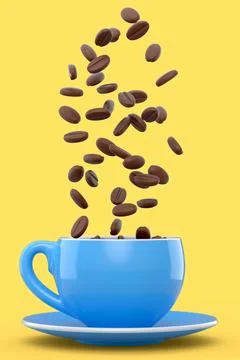 Ceramic coffee cup with coffee beans for americano, espresso, latte on yellow Illustrazione stock