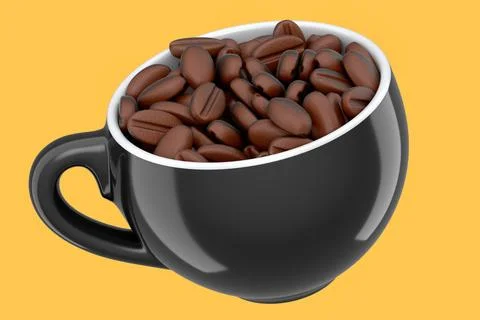 Ceramic coffee cup with coffee beans for americano, espresso, latte on yellow Illustrazione stock
